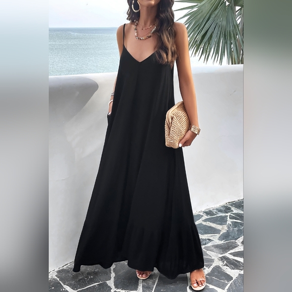 Oversized Pocket Casual Sleeveless V-Neck Low Back Long Summer Maxi Dress - Picture 13 of 16